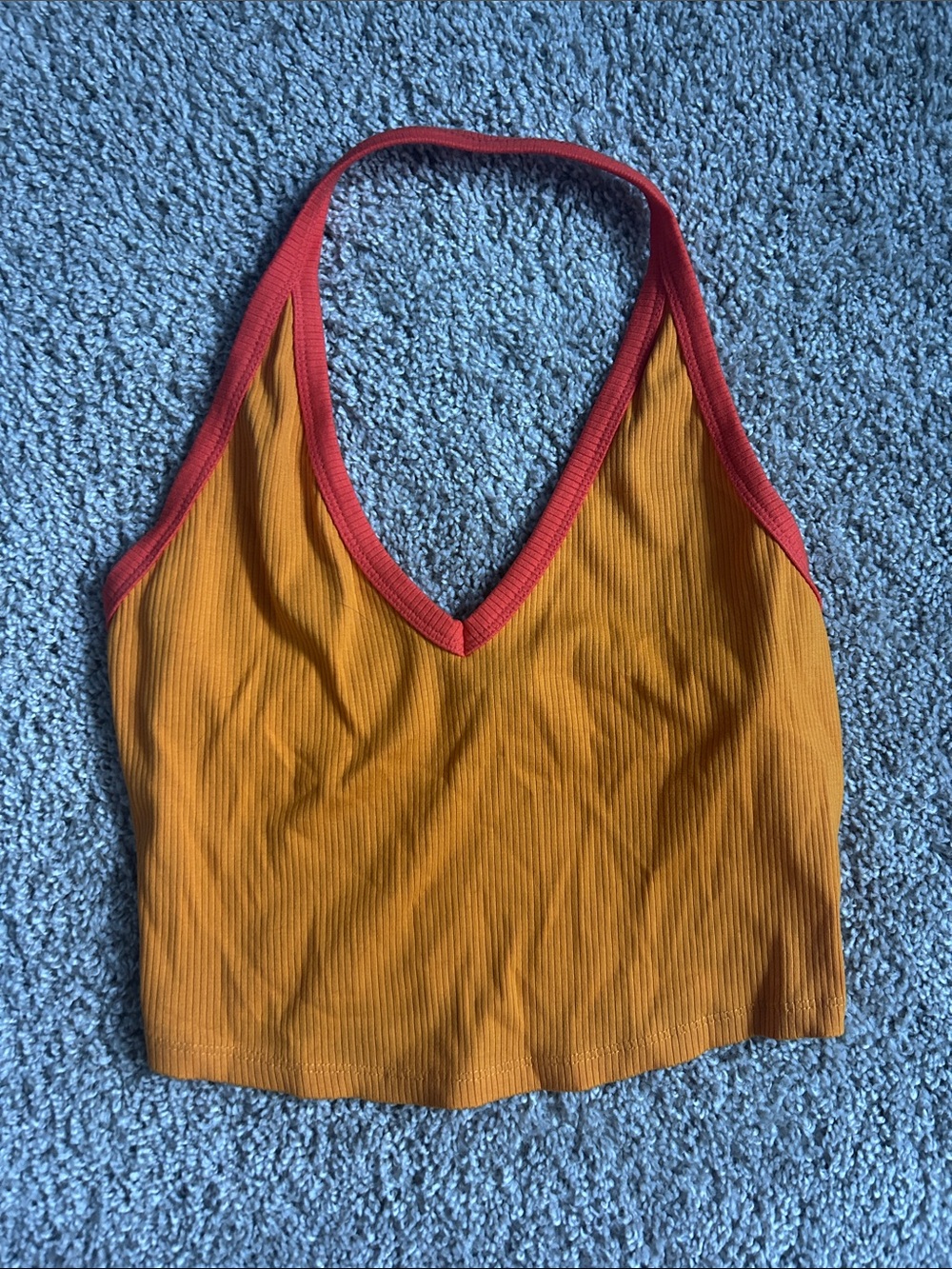 wild fable Ribbed V-Neck Crop Top in Mustard with Red Trim